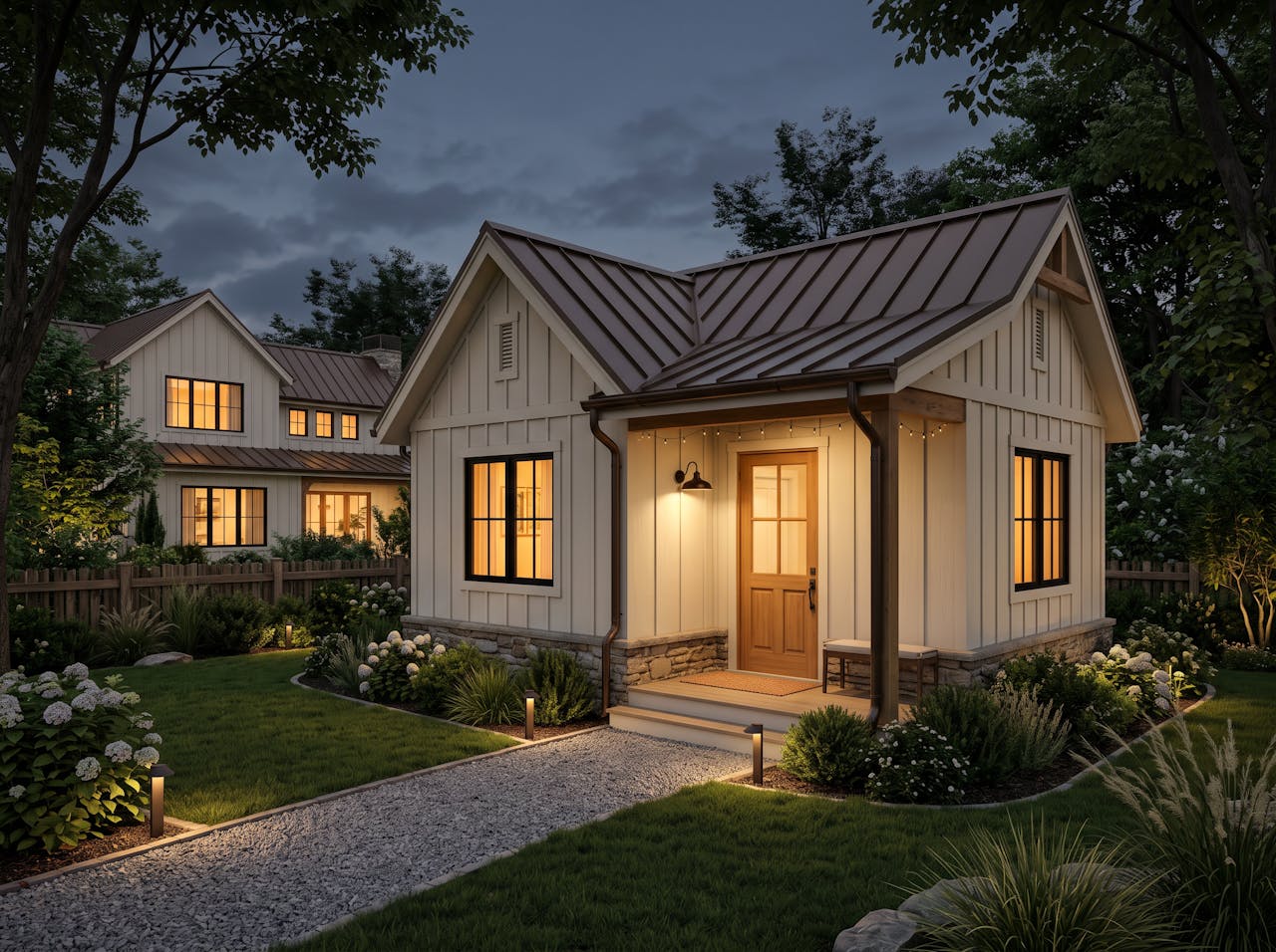 Concept render of a backyard ADU cottage matching the main home