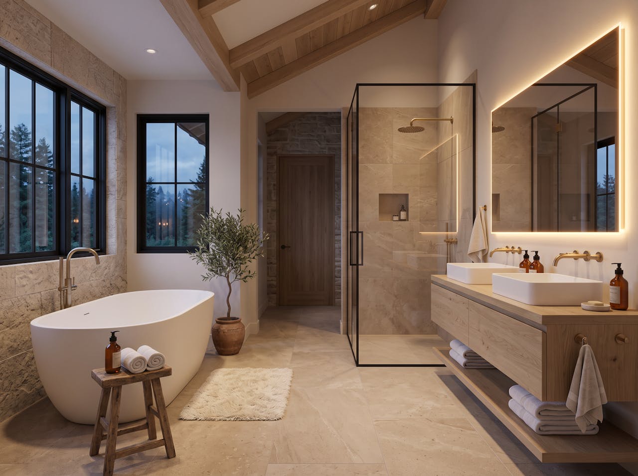 Concept render of a spa-like remodeled bathroom with freestanding tub
