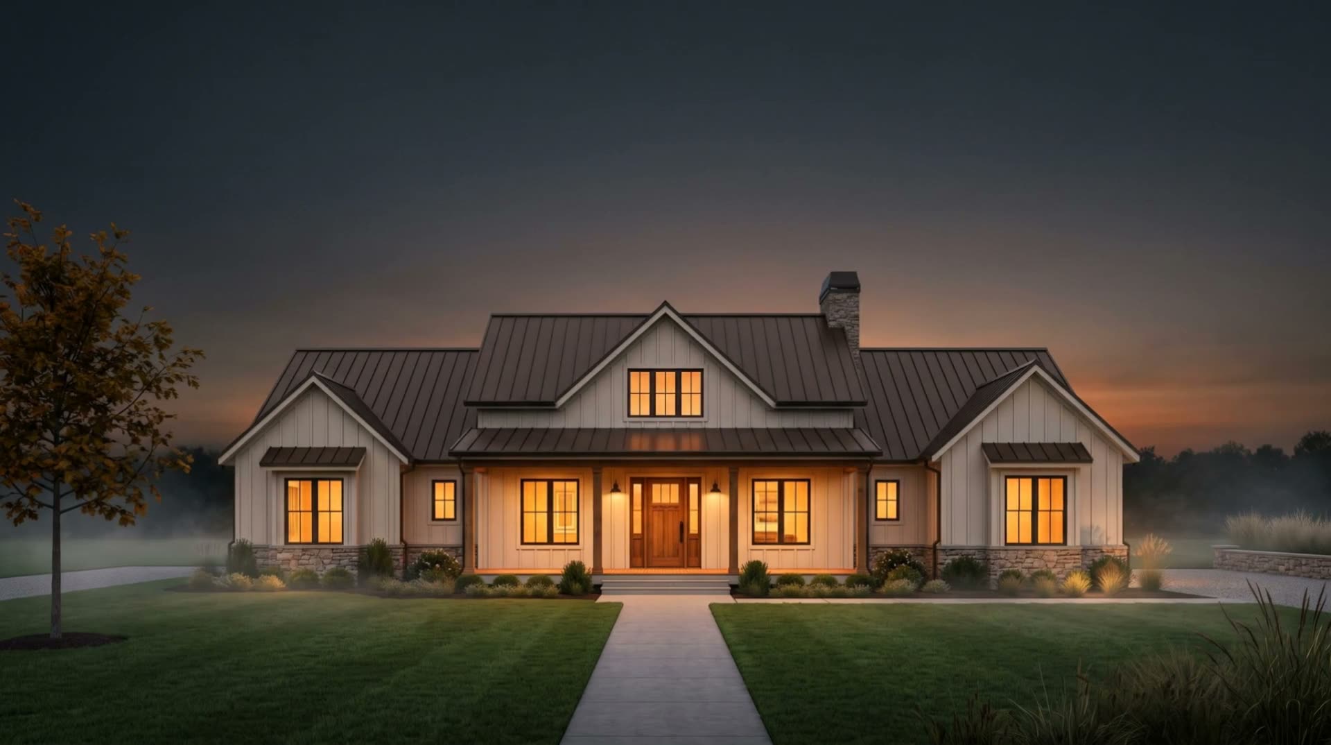 Completed modern farmhouse home at dusk with warm lights